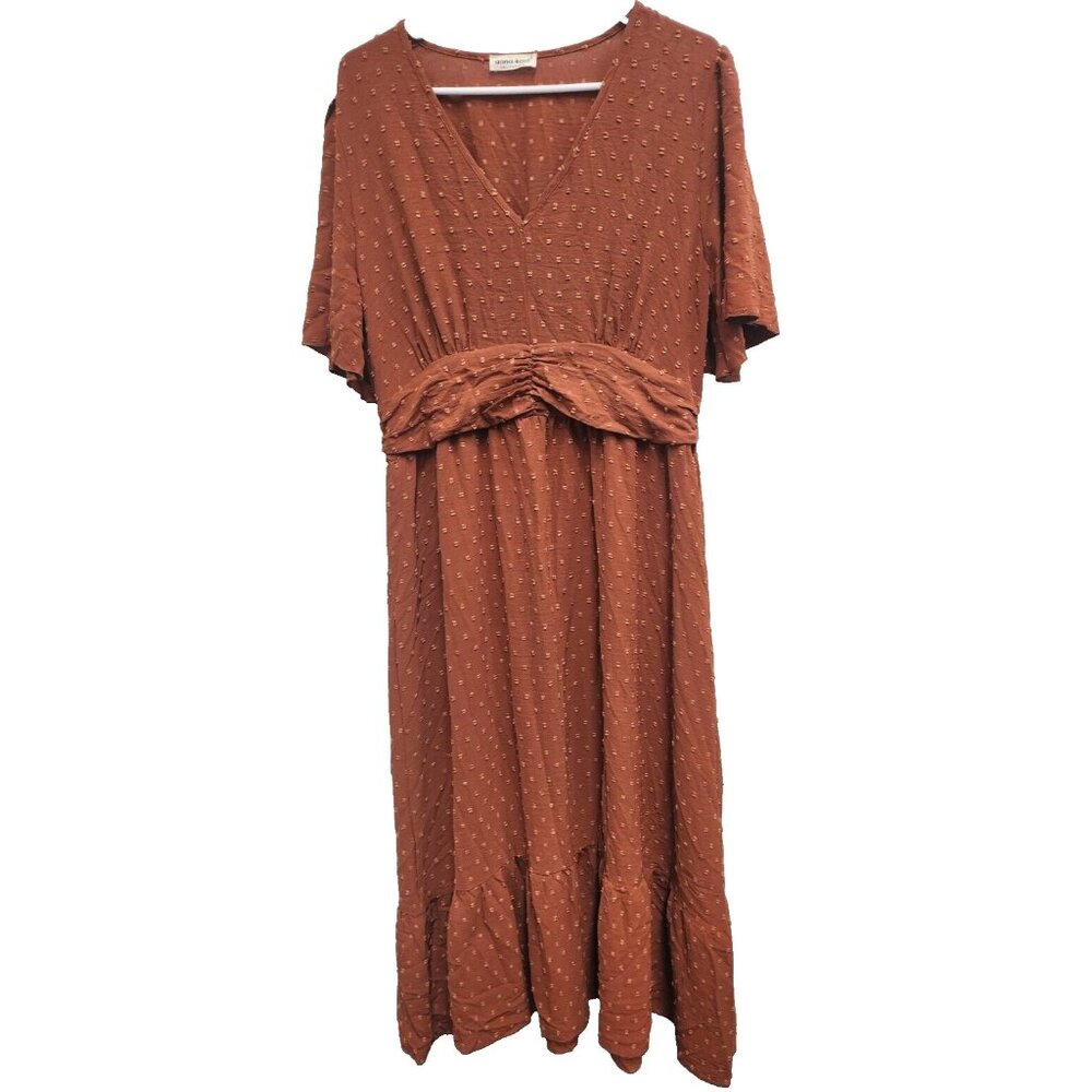 Anna-Kaci BOHO Maxi Dress Size XL Orange Swiss Dot‎ Smocked Short Sleeve Casual
